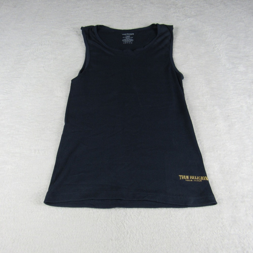 True Religion Tank Top Women's Large Navy‎ Blue Ribbed Gold Logo Sleeveless